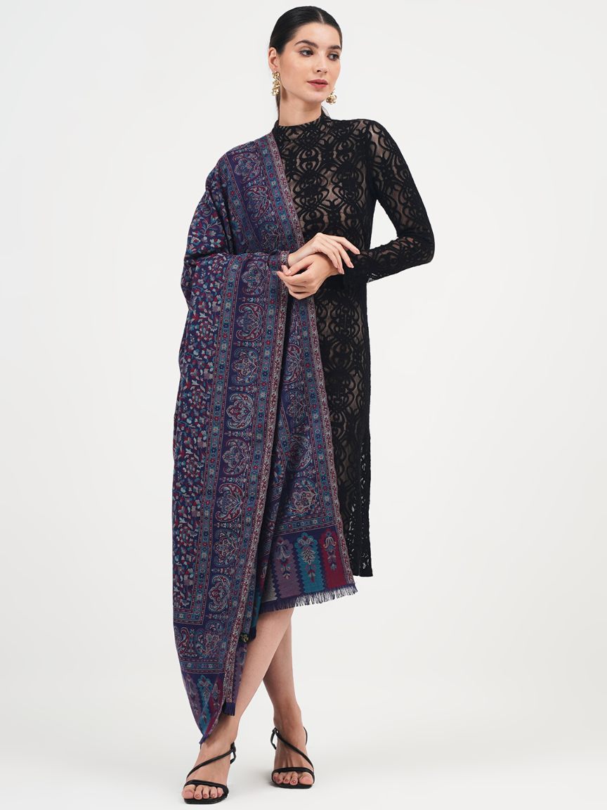 Antique Kashmiri Kani Stole with Sarvosk for Women - Midnight Blue