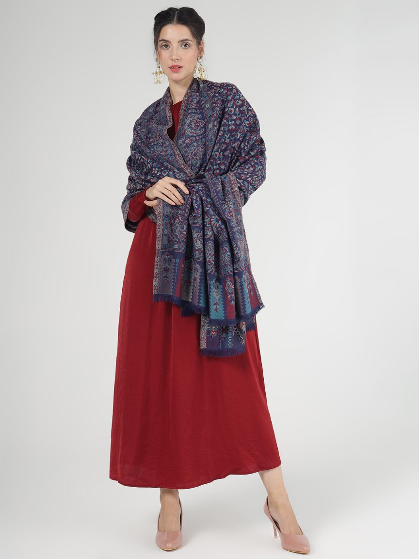 Antique Kashmiri Kani Shawl with Sarvosk for Women - Midnight Blue