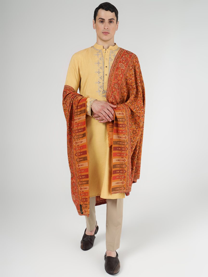 Antique Kashmiri Kani Stole with Sarvosk - Saffron Blossom