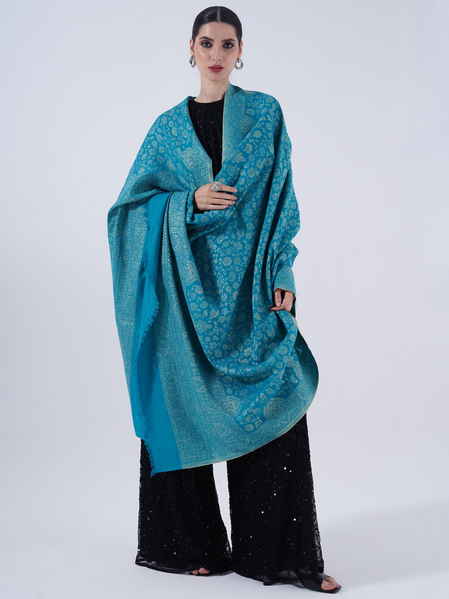 WOMEN'S TRADITIONAL ETHNIC WEAVE WOLLEN SHAWL -BREEZY BLUE