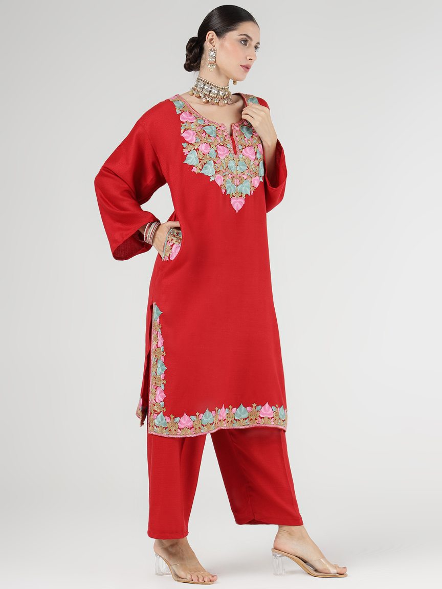Pashmina Faux Acrylic Phiran Maroon Unstitched Suit for Women
