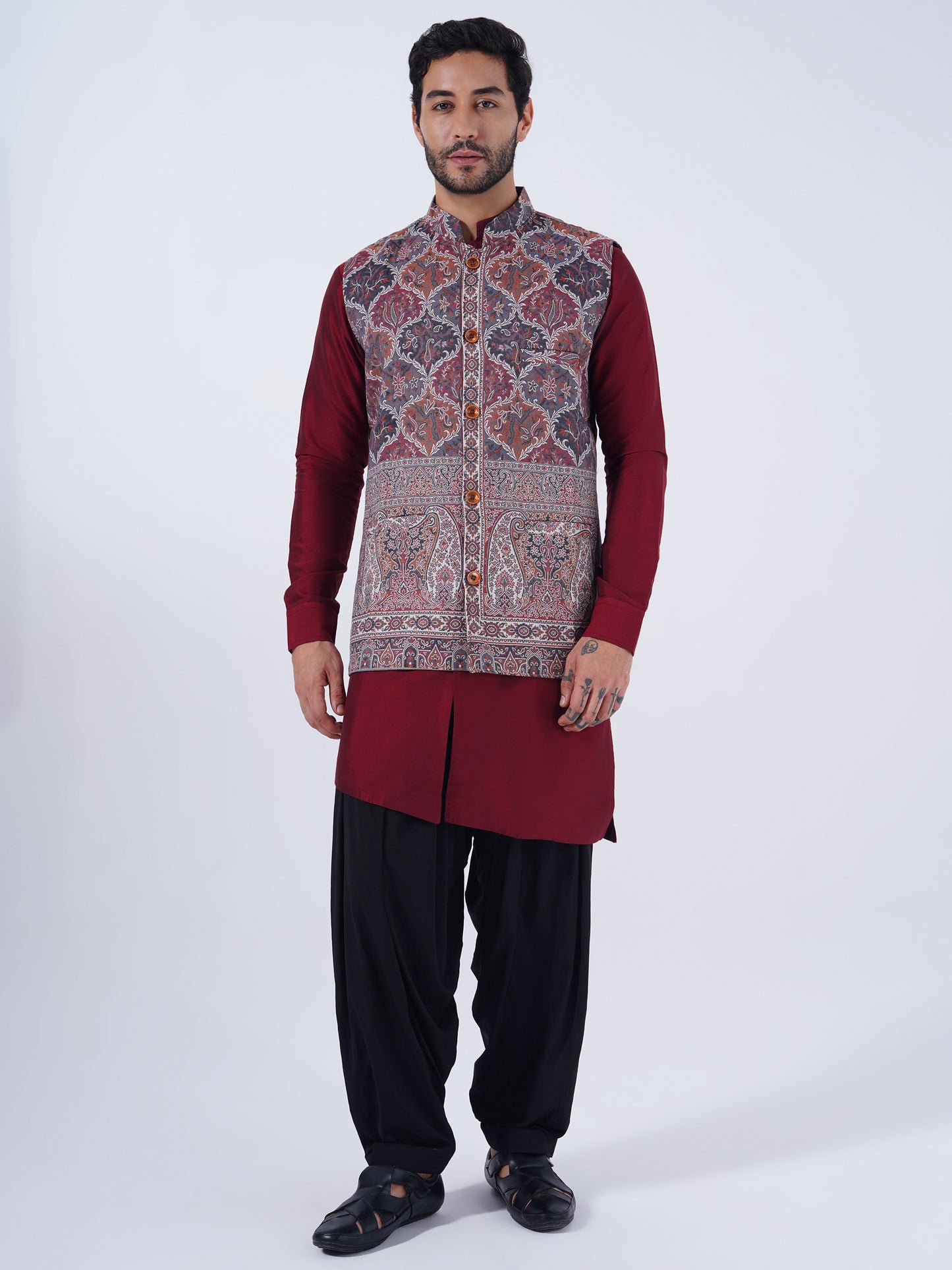 UNSTITCHED WOOLLEN NEHRU JACKET FOR MEN-TERRA COTTA