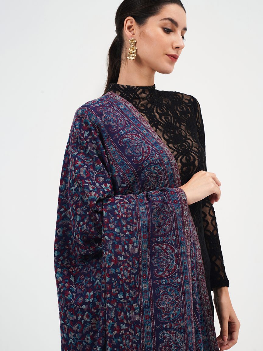 Antique Kashmiri Kani Stole with Sarvosk for Women - Midnight Blue
