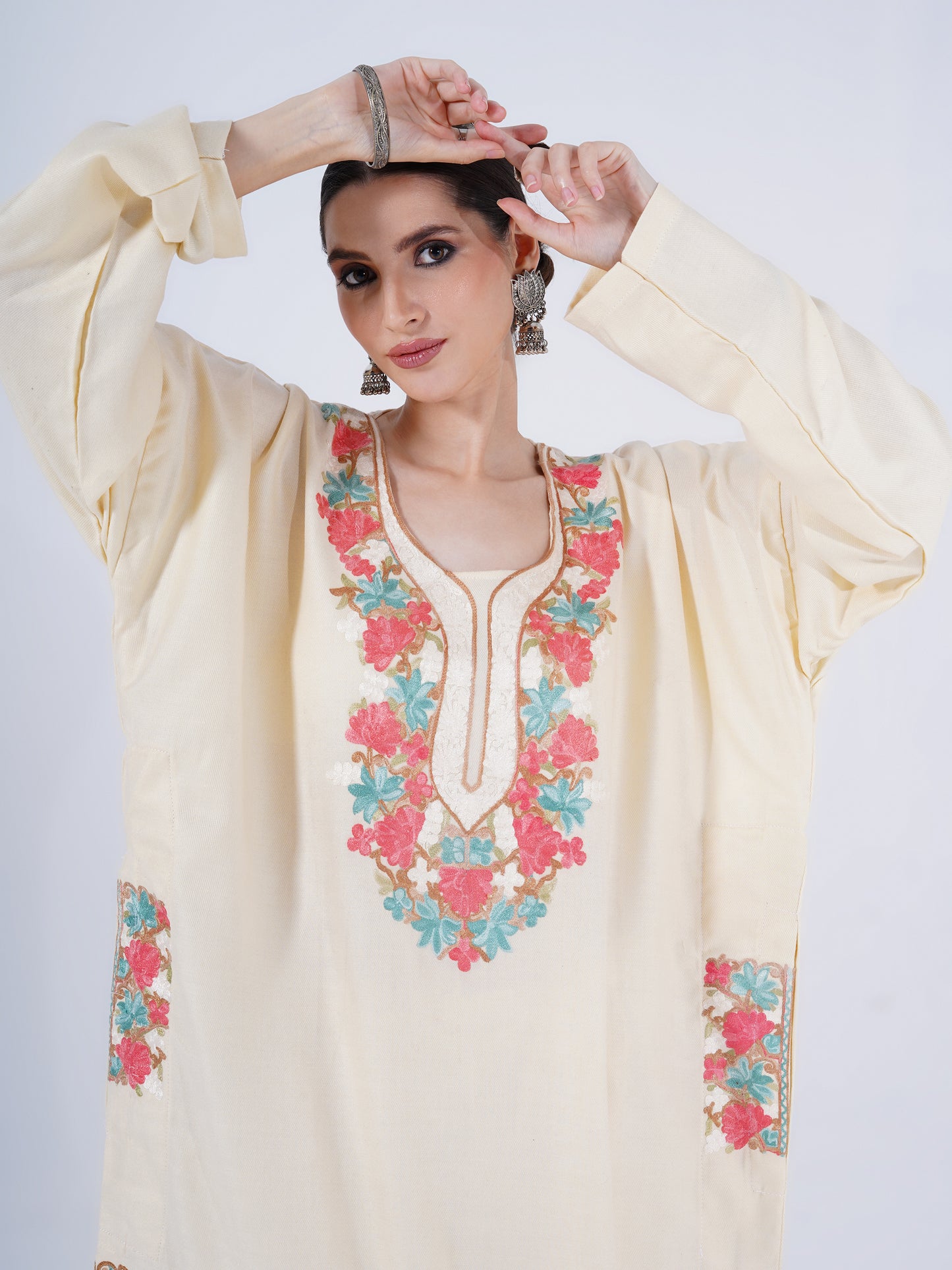 PASHMINA FAUX ACRYLIC PHIRAN OFF-WHITE UNSTITCHED SUIT FOR WOMEN