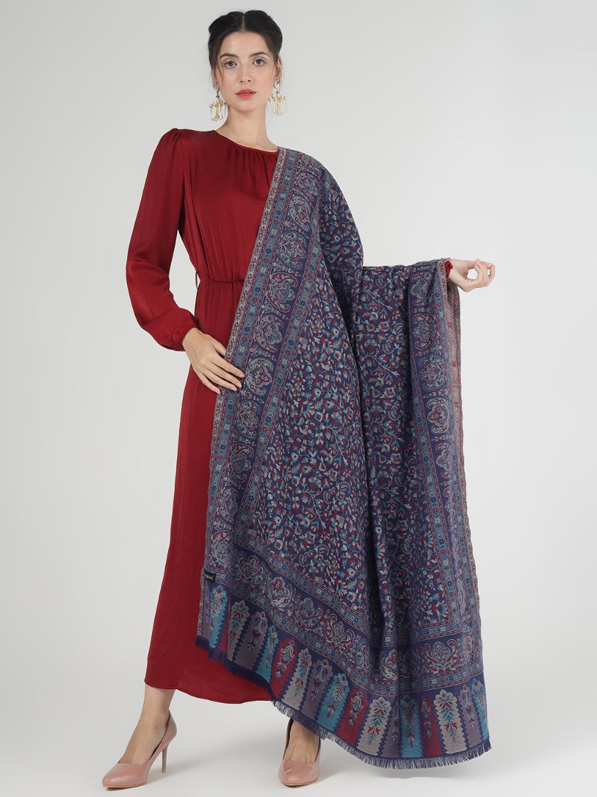 Antique Kashmiri Kani Shawl with Sarvosk for Women - Midnight Blue