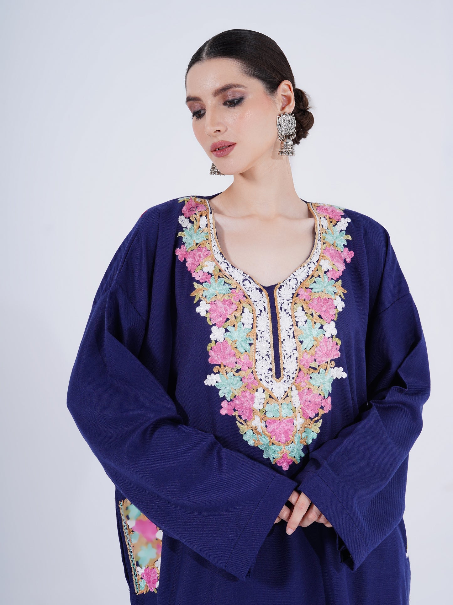 PASHMINA FAUX ACRYLIC PHIRAN BLUE UNSTITCHED SUIT FOR WOMEN