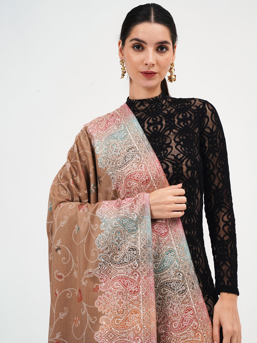 Faux Pashmina Traditional Jamawar Shawl - Rich Caramel Charm