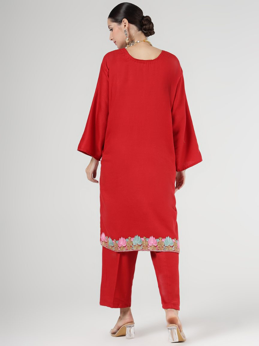 Pashmina Faux Acrylic Phiran Maroon Unstitched Suit for Women