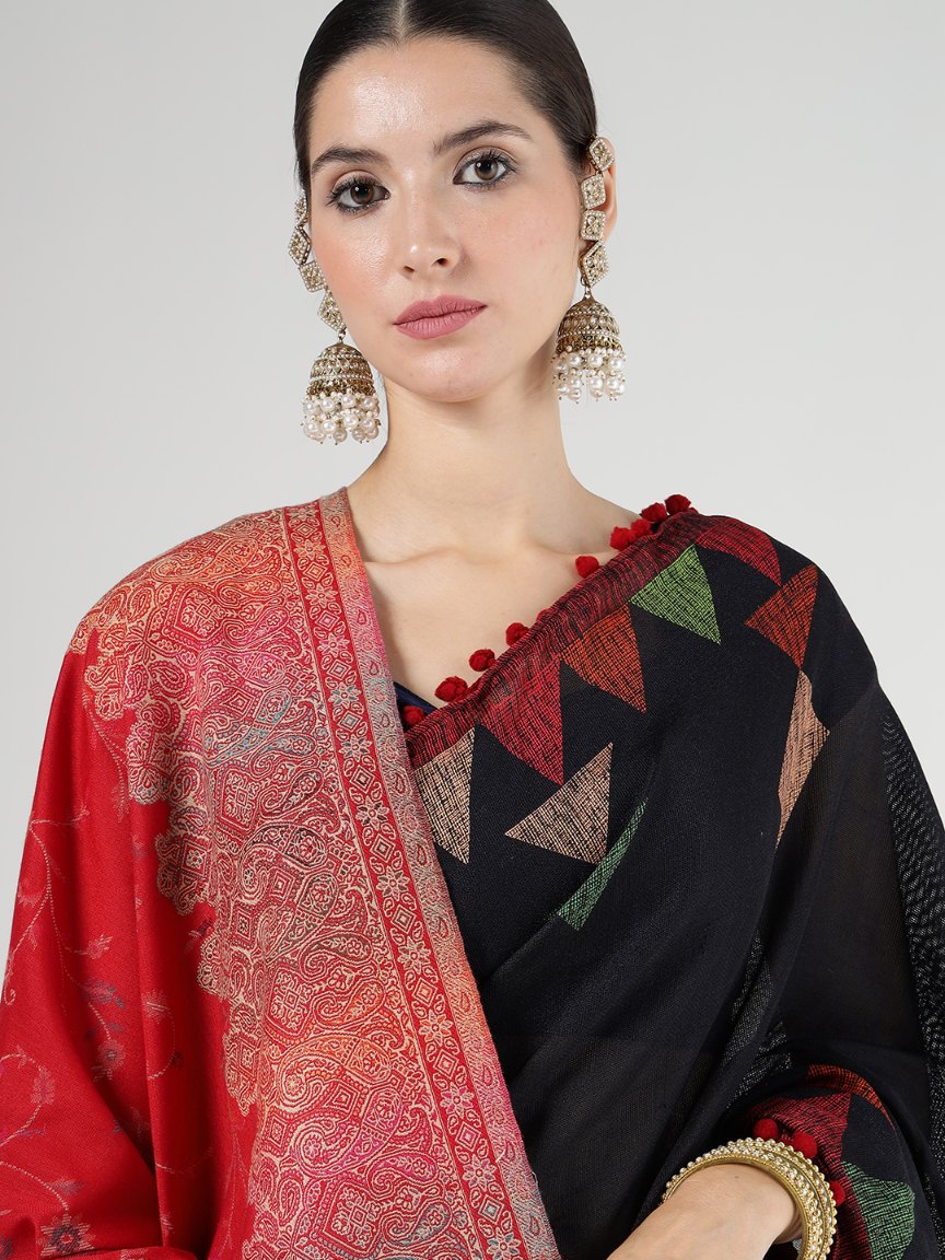 Faux Pashmina Traditional Jamawar Multy Shawl - Scarlet Red | | Full Size, Extra Soft