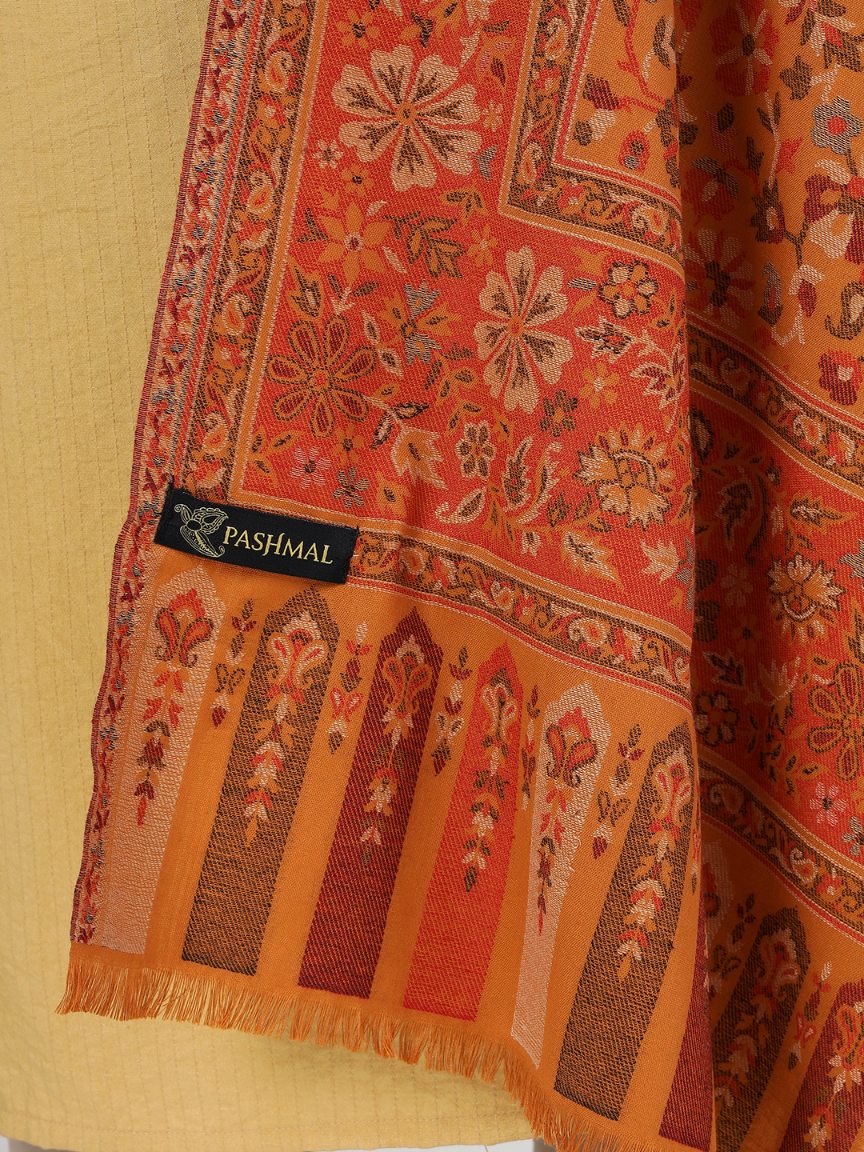 Antique Kashmiri Kani Stole with Sarvosk - Saffron Blossom