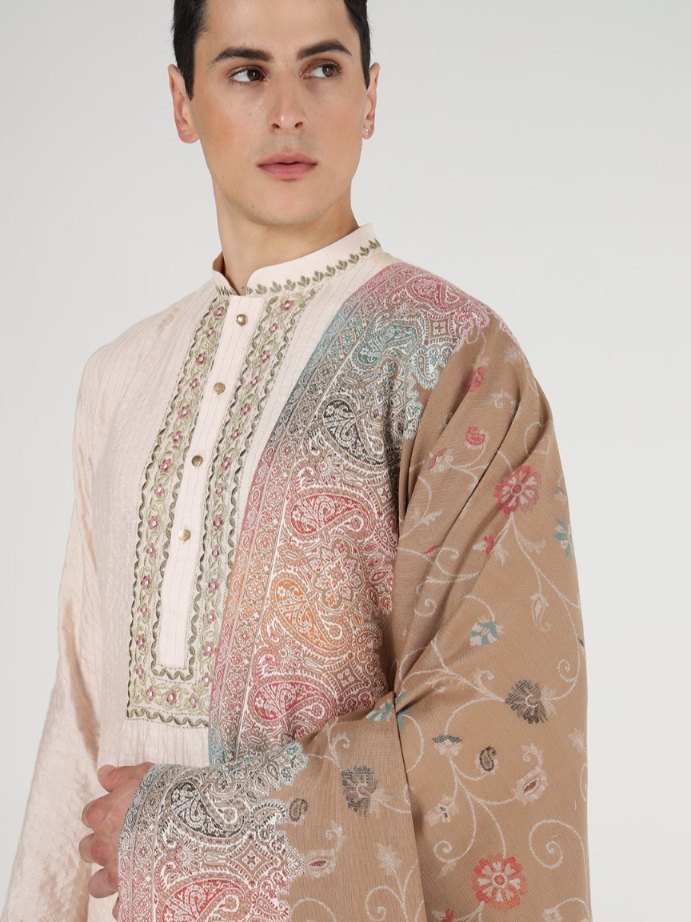 Faux Pashmina Traditional Jamawar Shawl for Men - Caramel Charm | Extra Soft & Warm