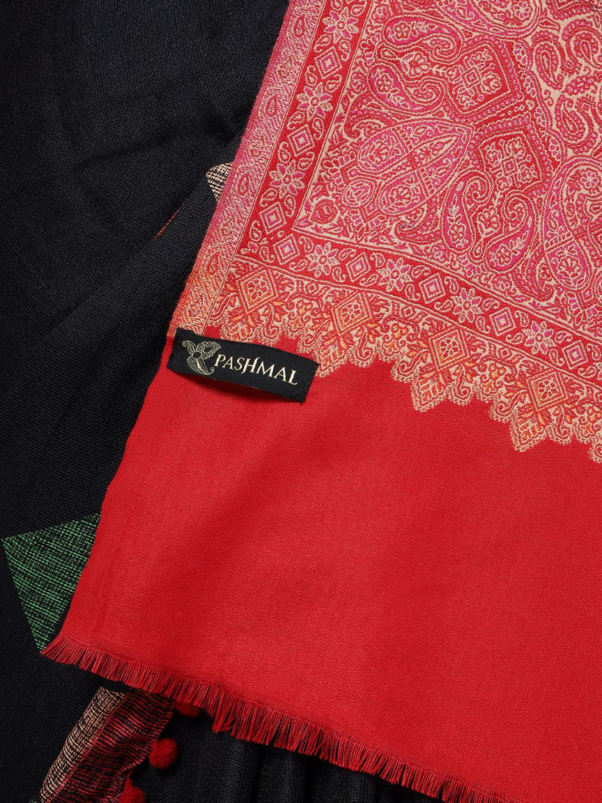 Faux Pashmina Traditional Jamawar Multy Shawl - Scarlet Red | | Full Size, Extra Soft