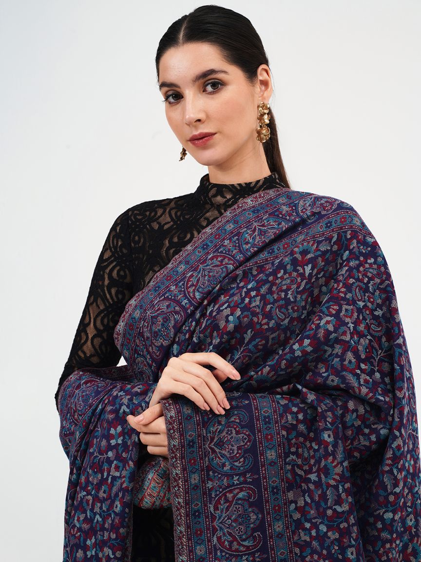 Antique Kashmiri Kani Stole with Sarvosk for Women - Midnight Blue