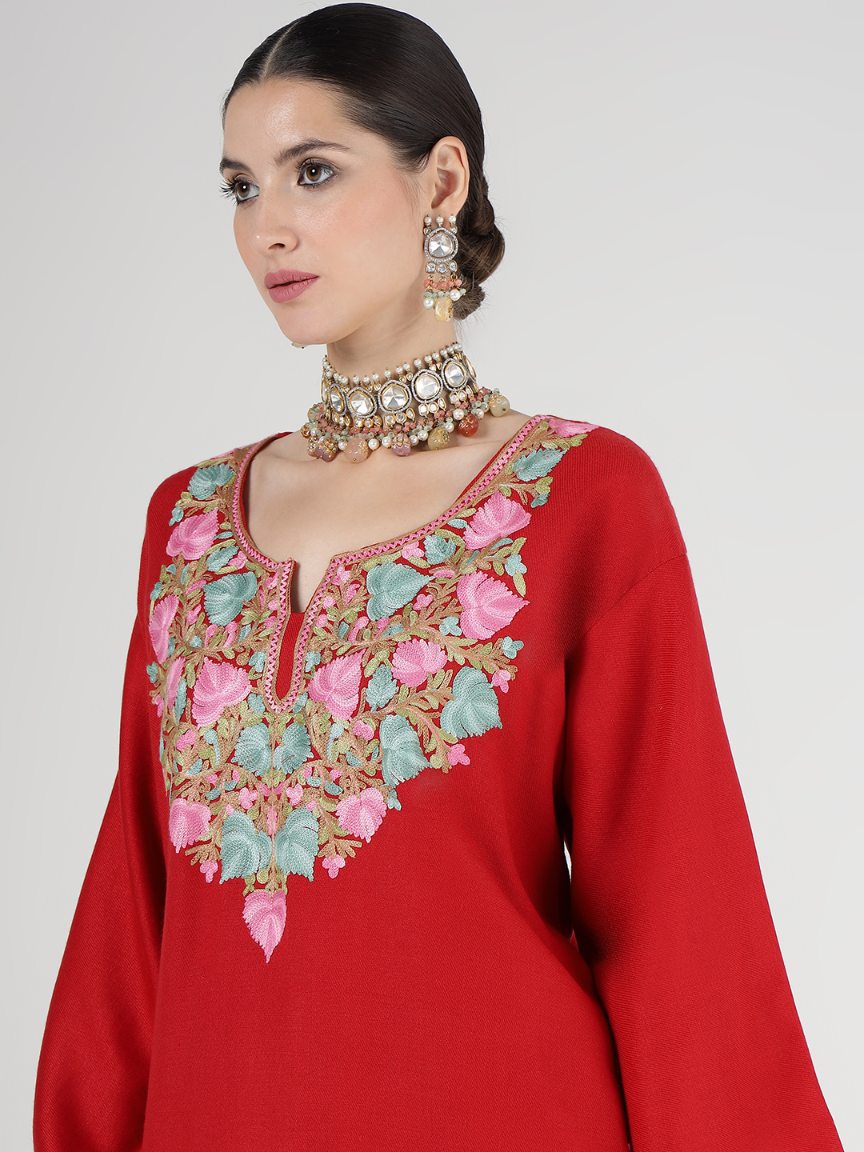Pashmina Faux Acrylic Phiran Maroon Unstitched Suit for Women