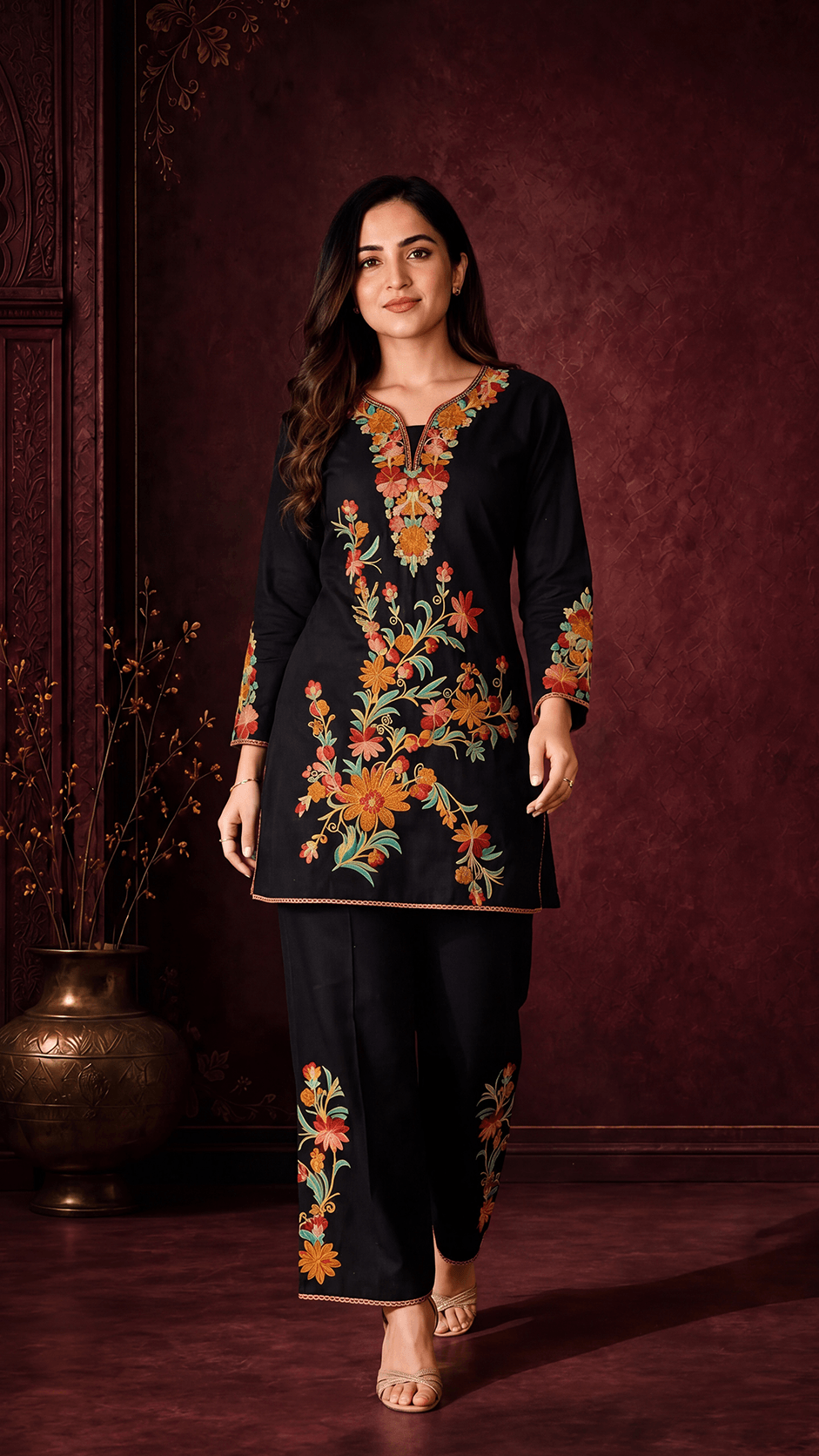FIRAAZ BLACK FLORAL EMBROIDERED CO-ORD SET