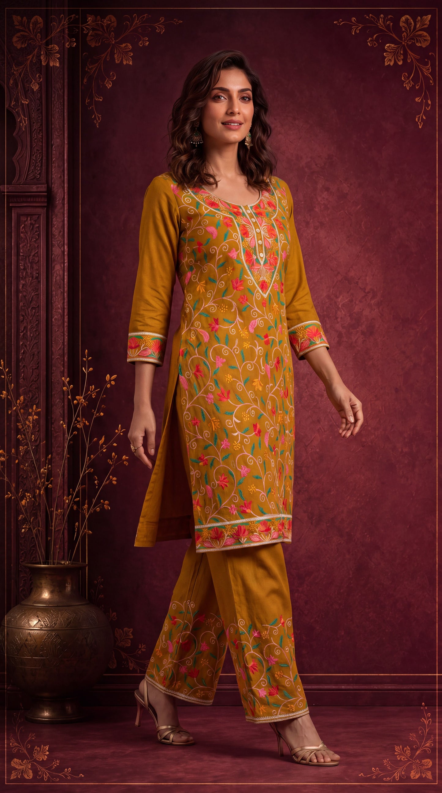 MIRA MUSTARD FLORAL EMBROIDERED CO-ORD SET