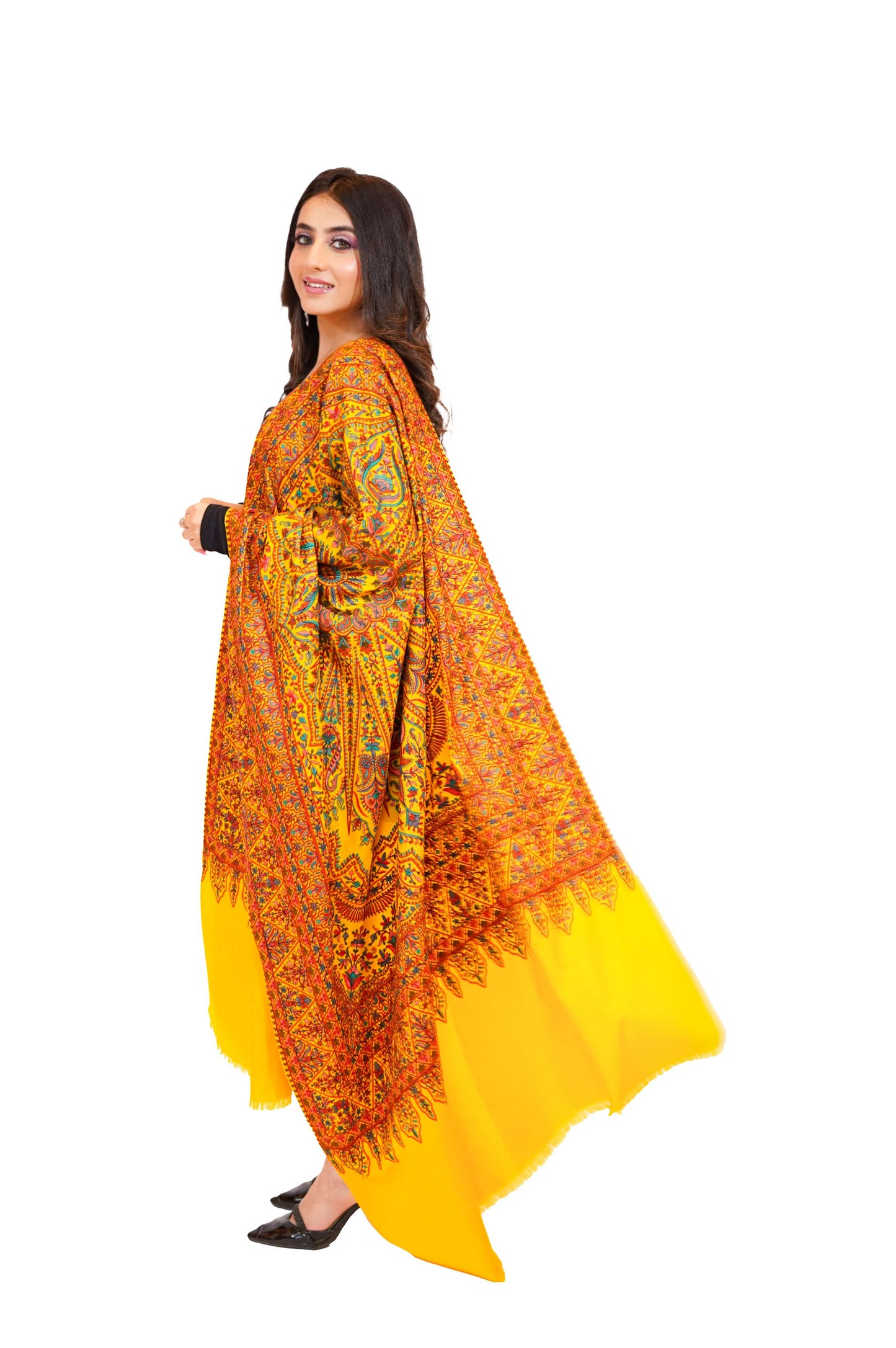 Heritage Embroidered Jaal Jamawar Shawl for Women - Vibrant Yellow