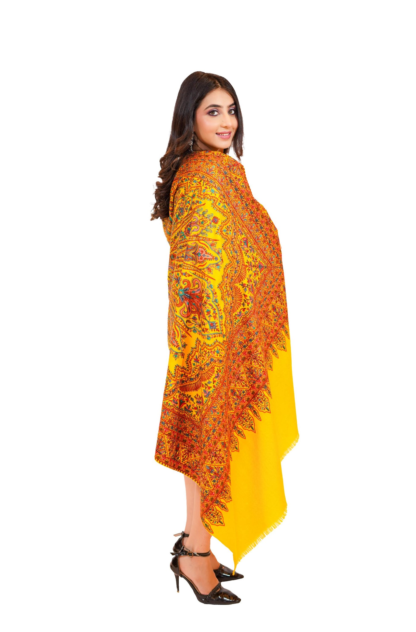 Heritage Embroidered Jaal Jamawar Shawl for Women - Vibrant Yellow