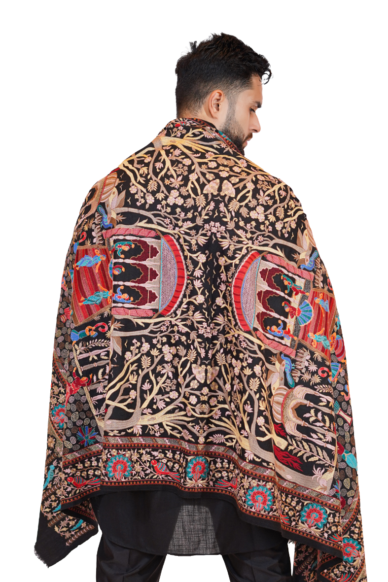 Premium Wool Silk Blend Mughal Darbaar Shawl for Men - Royal Black