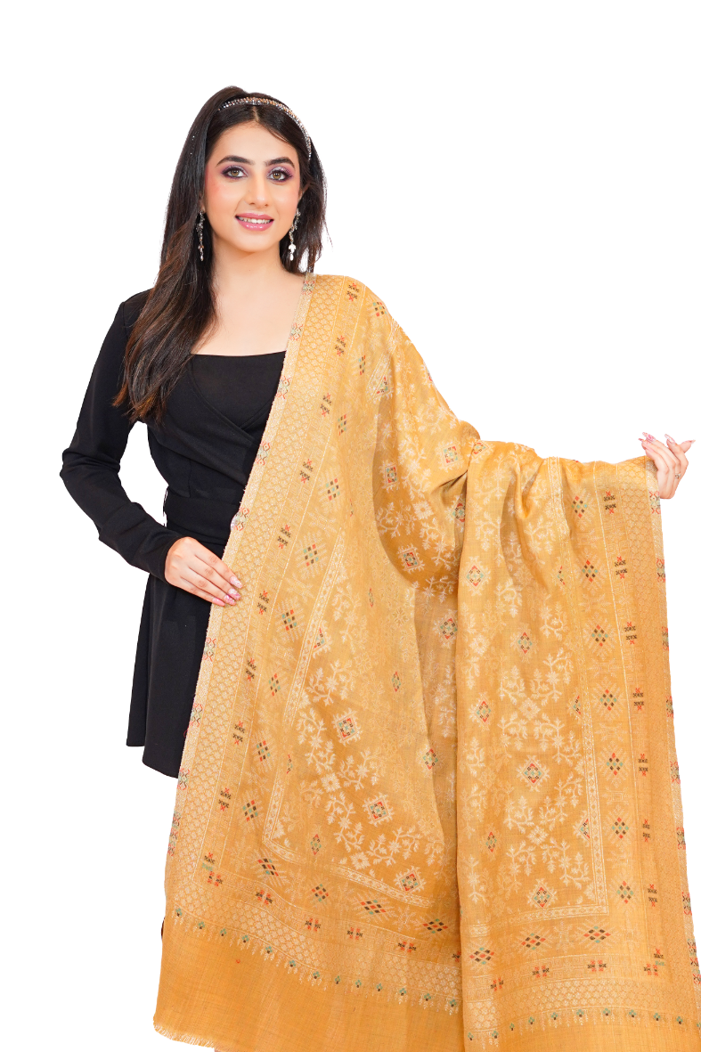 Women's Traditional Woollen Jamawar Shawl with Zari Work- Pastel Peach