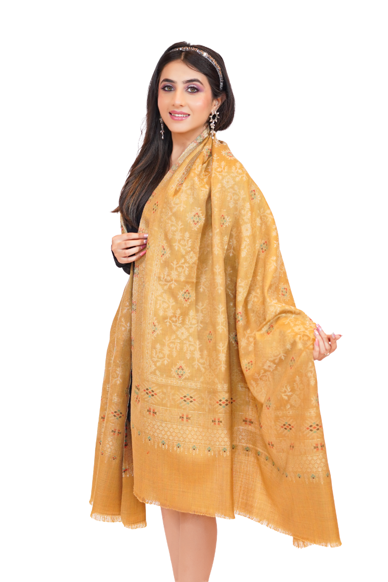 Women's Traditional Woollen Jamawar Shawl with Zari Work- Pastel Peach