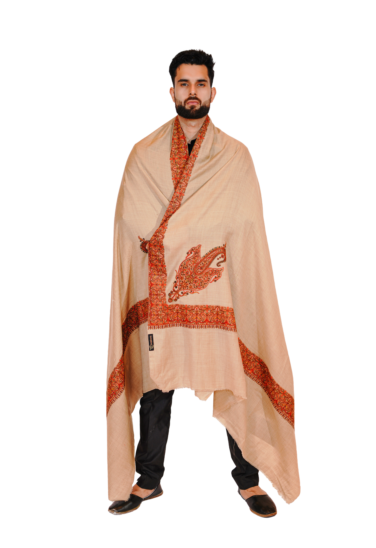 Hand-Embroidered Wool Blend Shawl for Men – Creamy Crimson/Bare luxury