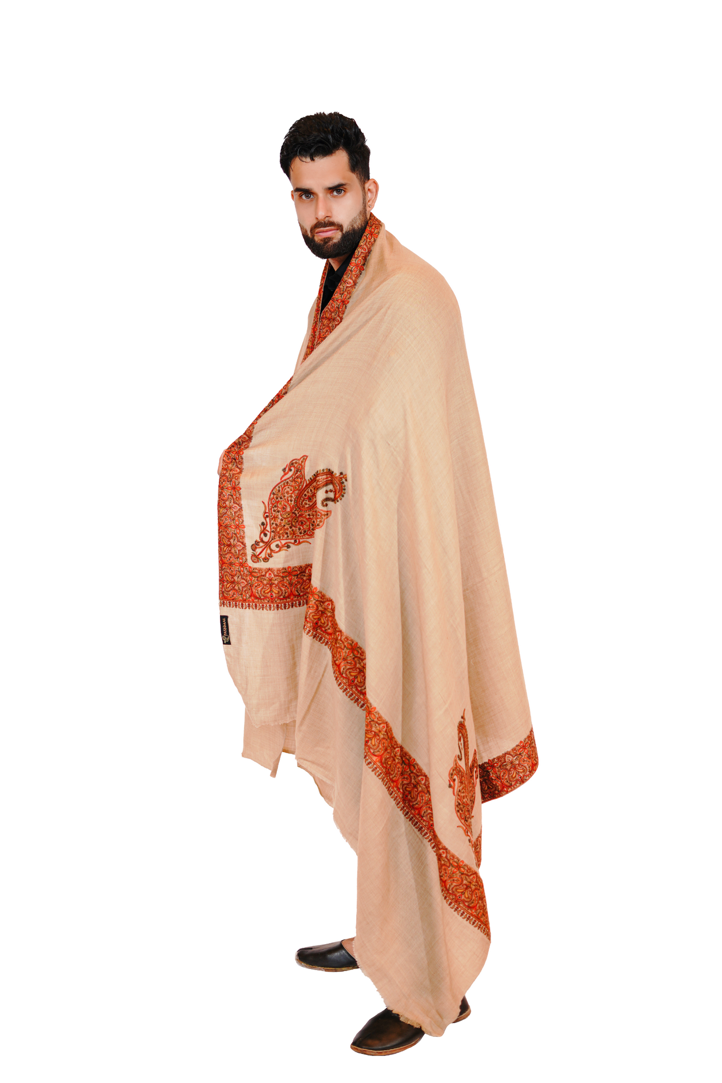 Hand-Embroidered Wool Blend Shawl for Men – Creamy Crimson/Bare luxury