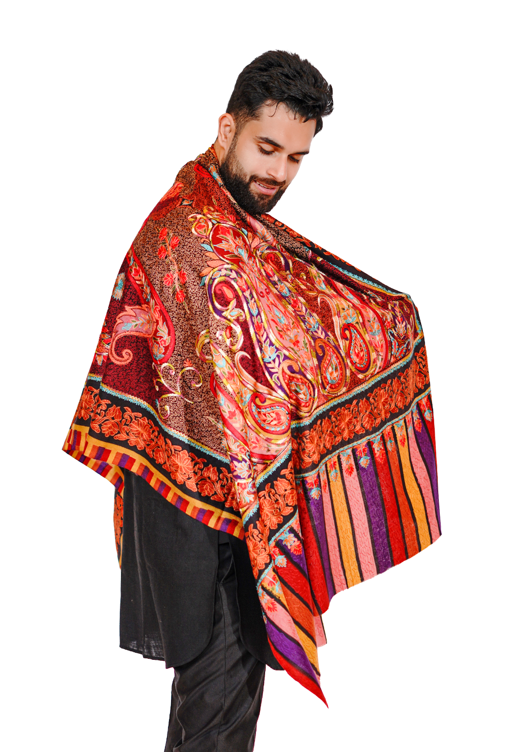 Men's Wool Shawl with Exquisite Aari Embroidery - Scarlet Red