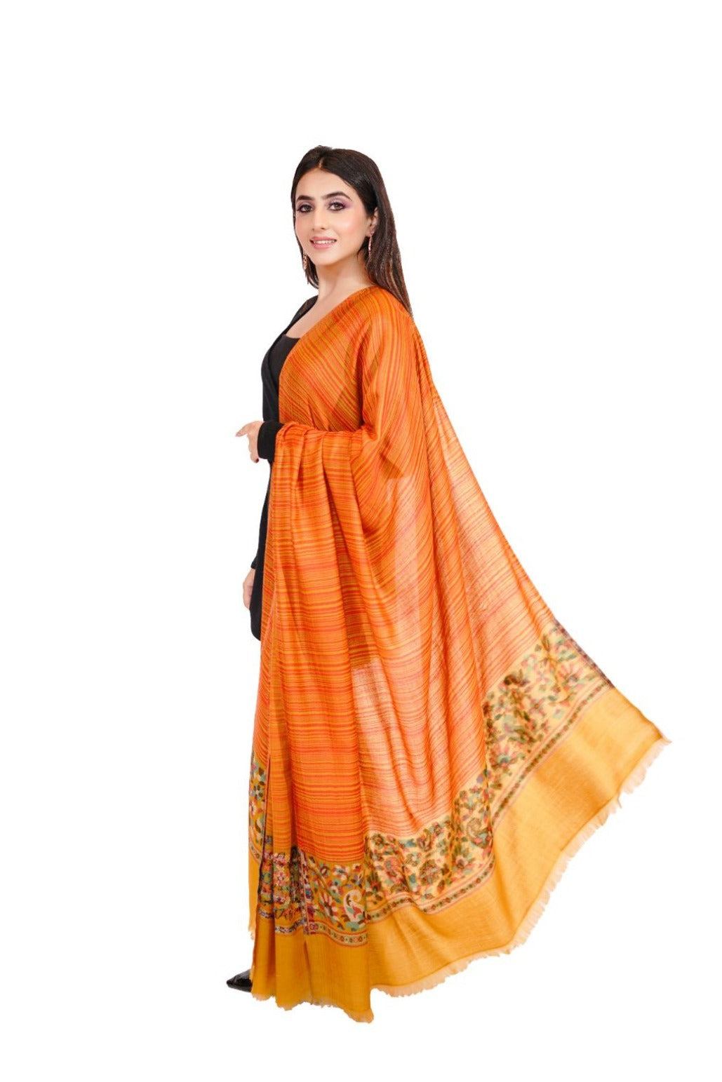 Women's Stripe Fine Wool Shawl with Jaquard Border - yellow