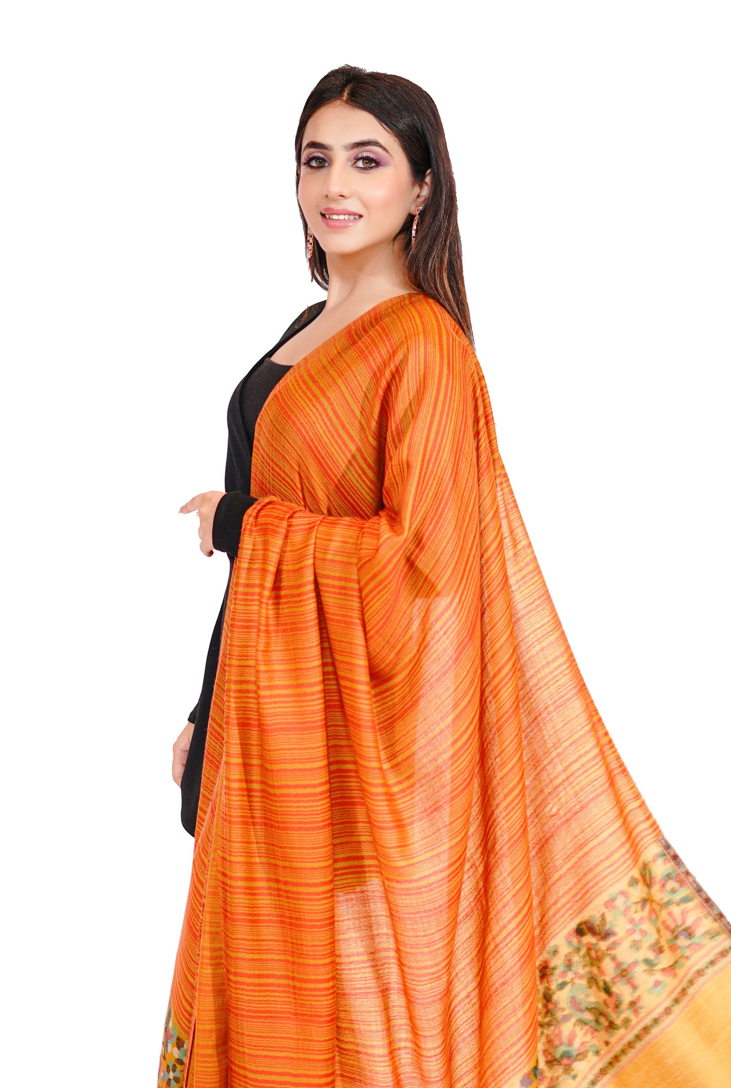 Women's Stripe Fine Wool Shawl with Jaquard Border - yellow