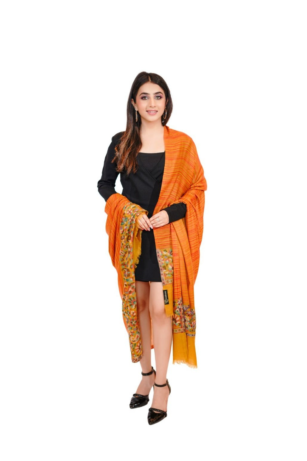 Women's Stripe Fine Wool Shawl with Jaquard Border - yellow