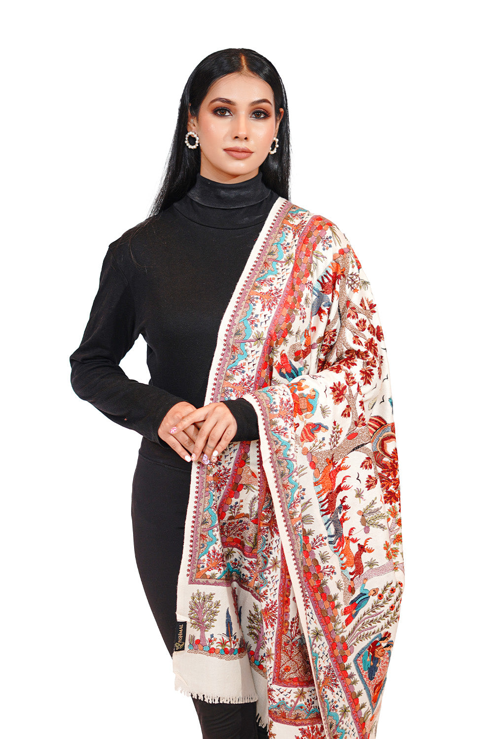 Heritage Mughal Darbaar Woollen Shawl for Women - Ivory