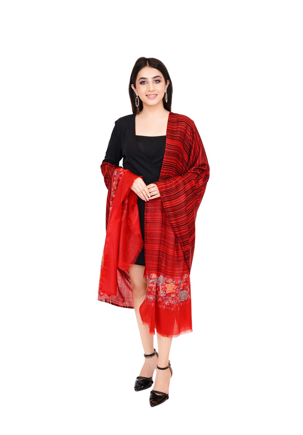 Women's Stripe Fine Wool Shawl with Jaquard Border - Crimson Red
