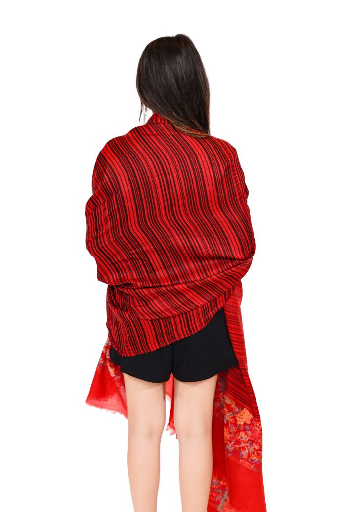 Women's Stripe Fine Wool Shawl with Jaquard Border - Crimson Red