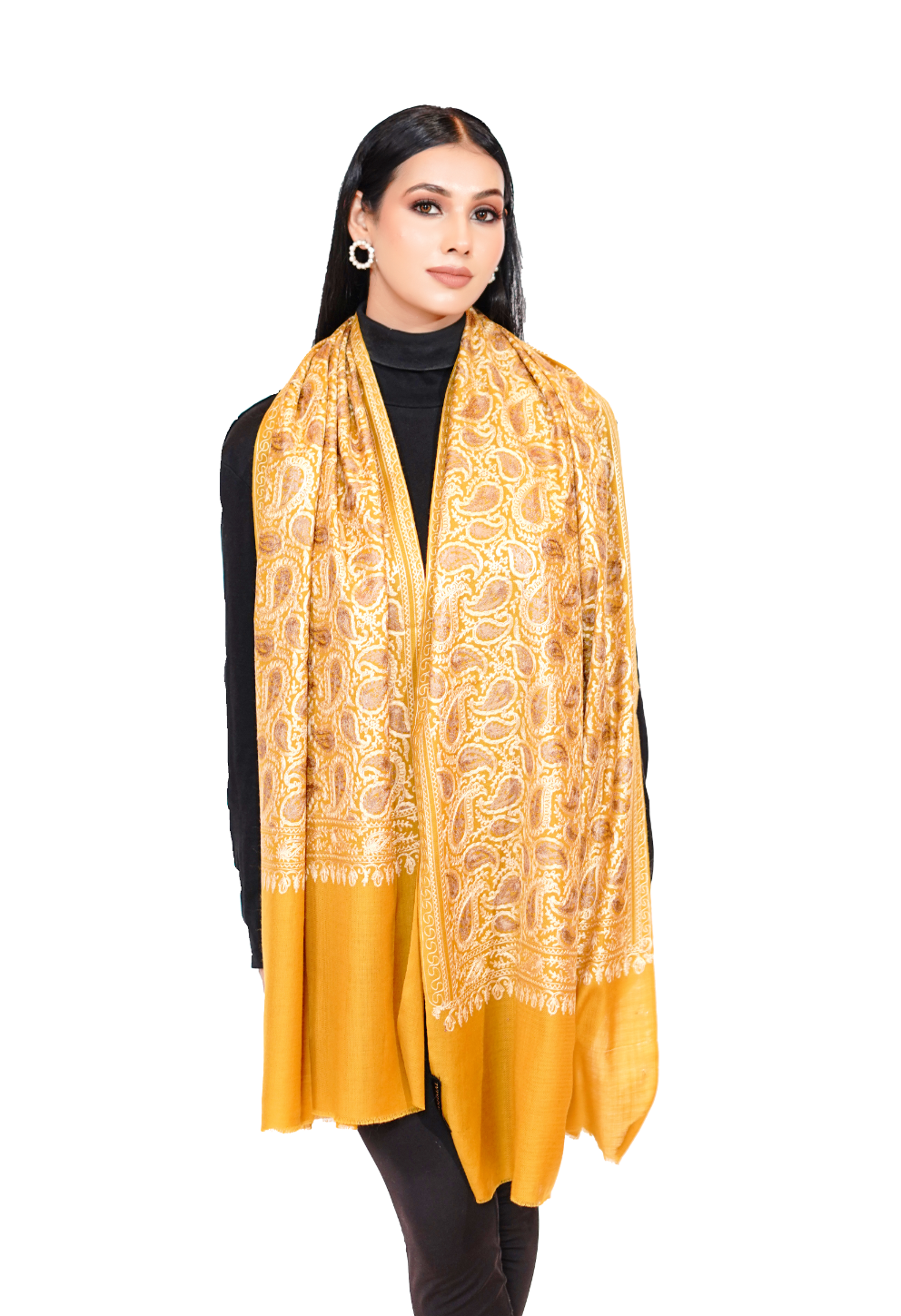 Traditional Aari Embroidered Woollen Stole for Women- Mellow Yellow/ Mustard Mirage