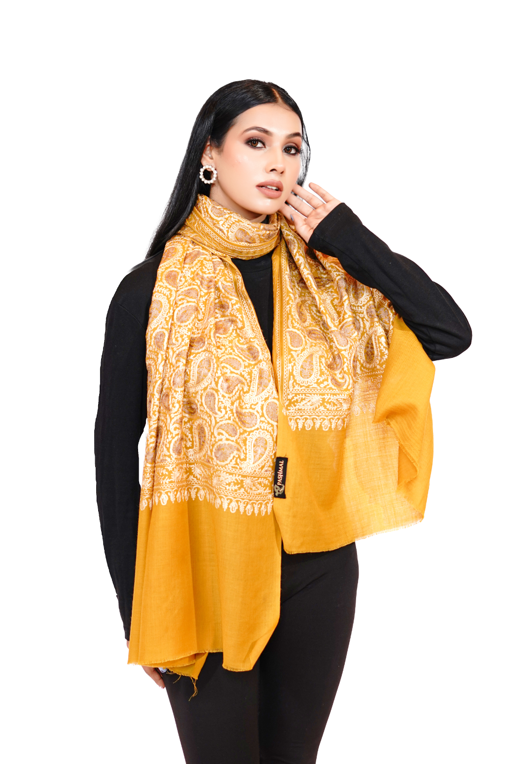 Traditional Aari Embroidered Woollen Stole for Women- Mellow Yellow/ Mustard Mirage