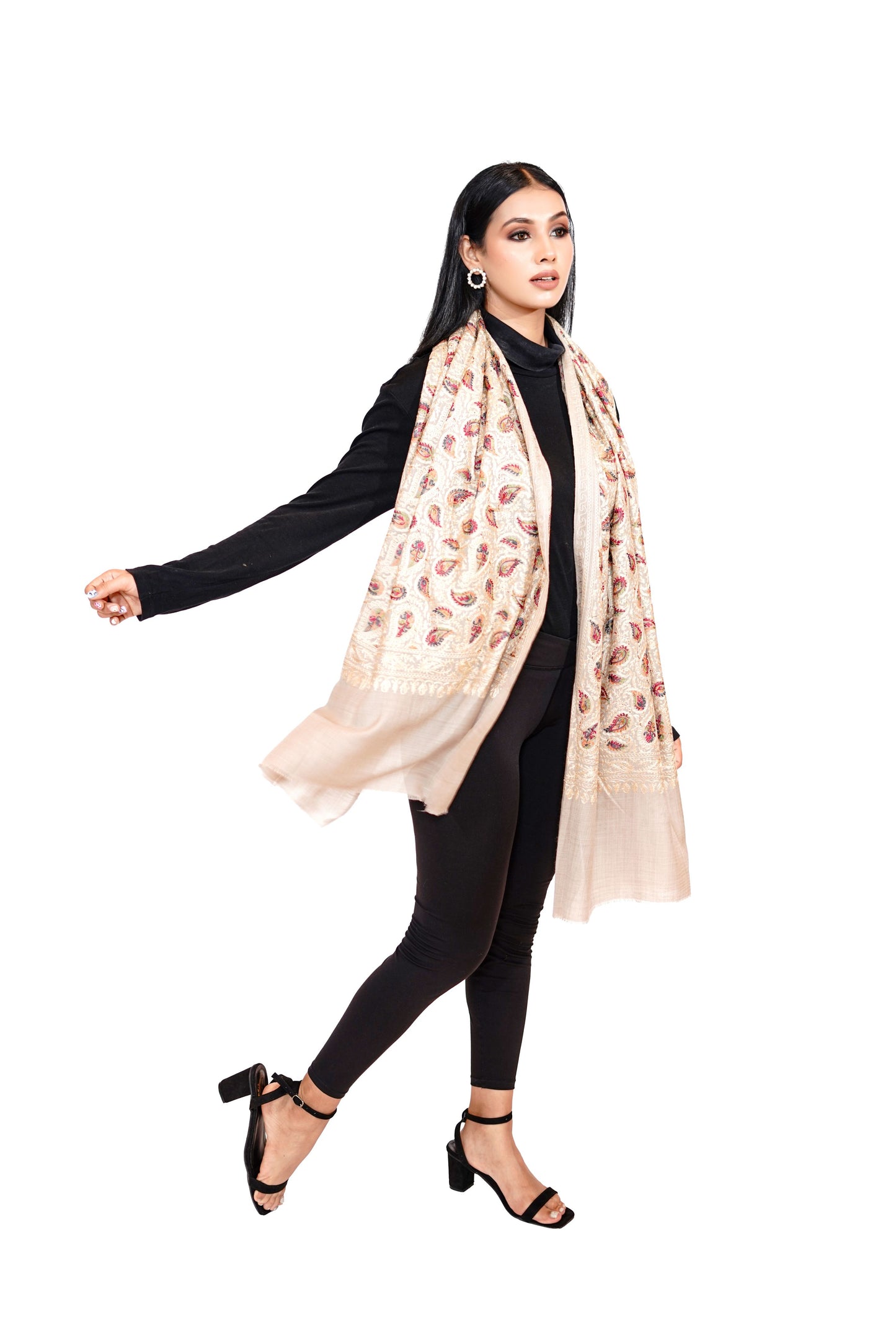 Traditional Aari Embroidered Woollen Stole for Women- Timeless White