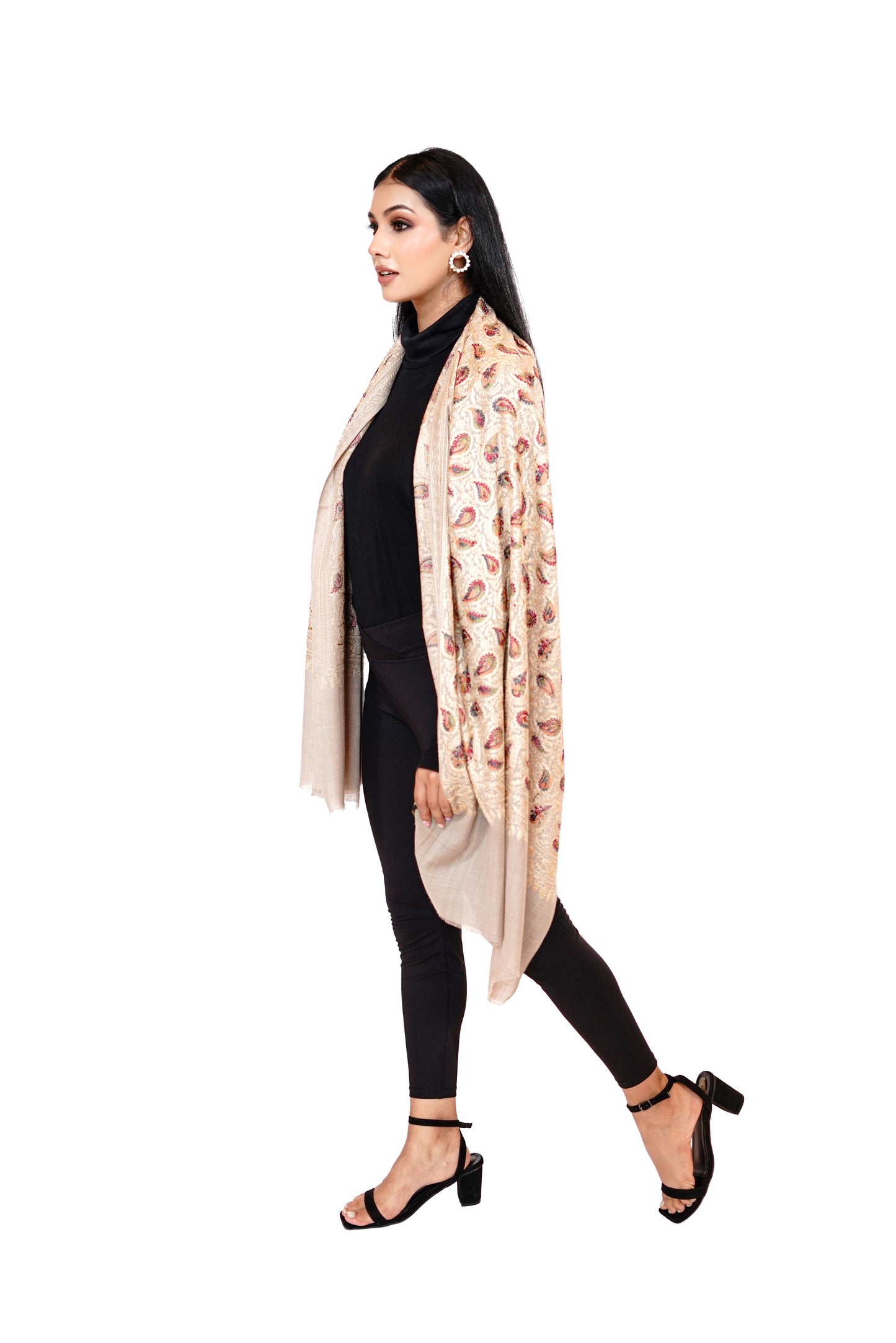 Traditional Aari Embroidered Woollen Stole for Women- Timeless White