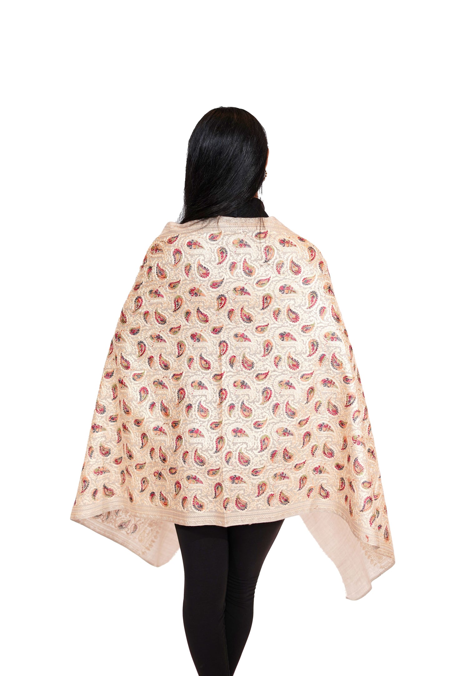 Traditional Aari Embroidered Woollen Stole for Women- Timeless White