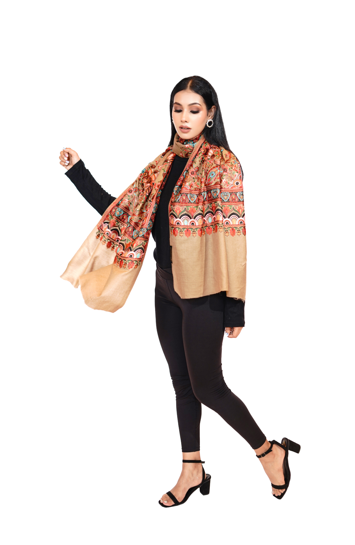 Wool Silk Embroidery Stole for Women - Nude Elegance