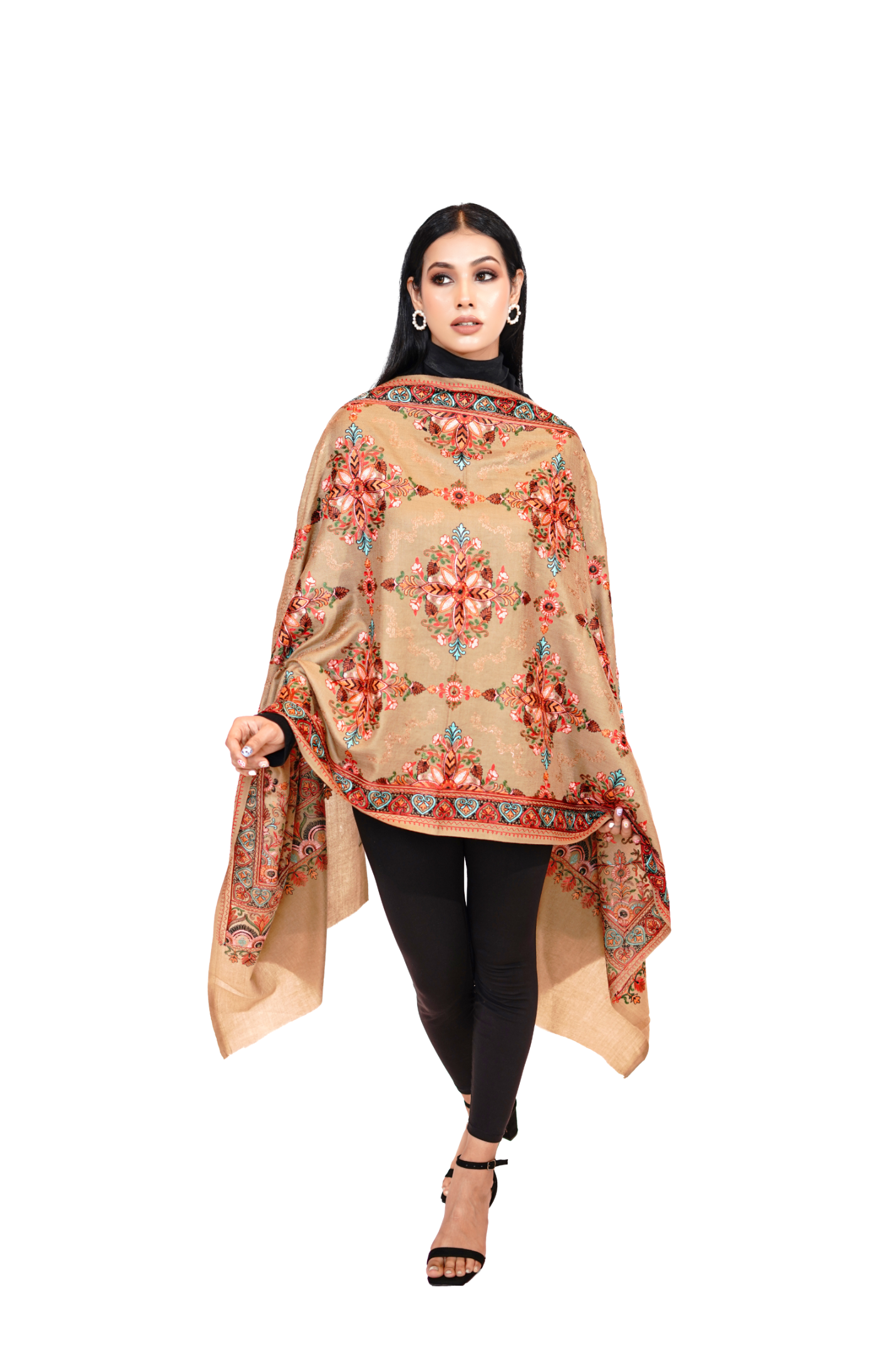Wool Silk Embroidery Stole for Women - Nude Elegance