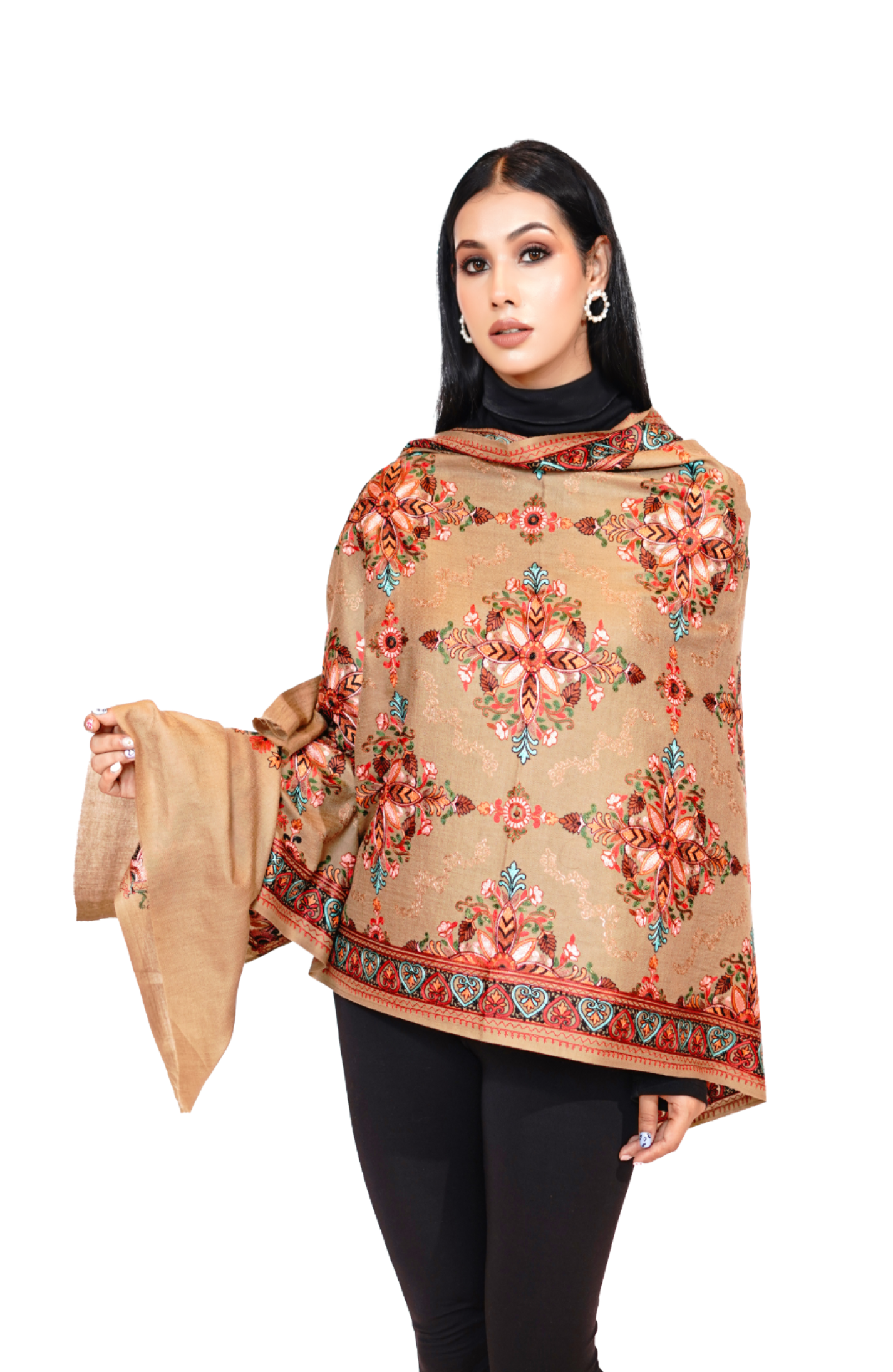 Wool Silk Embroidery Stole for Women - Nude Elegance
