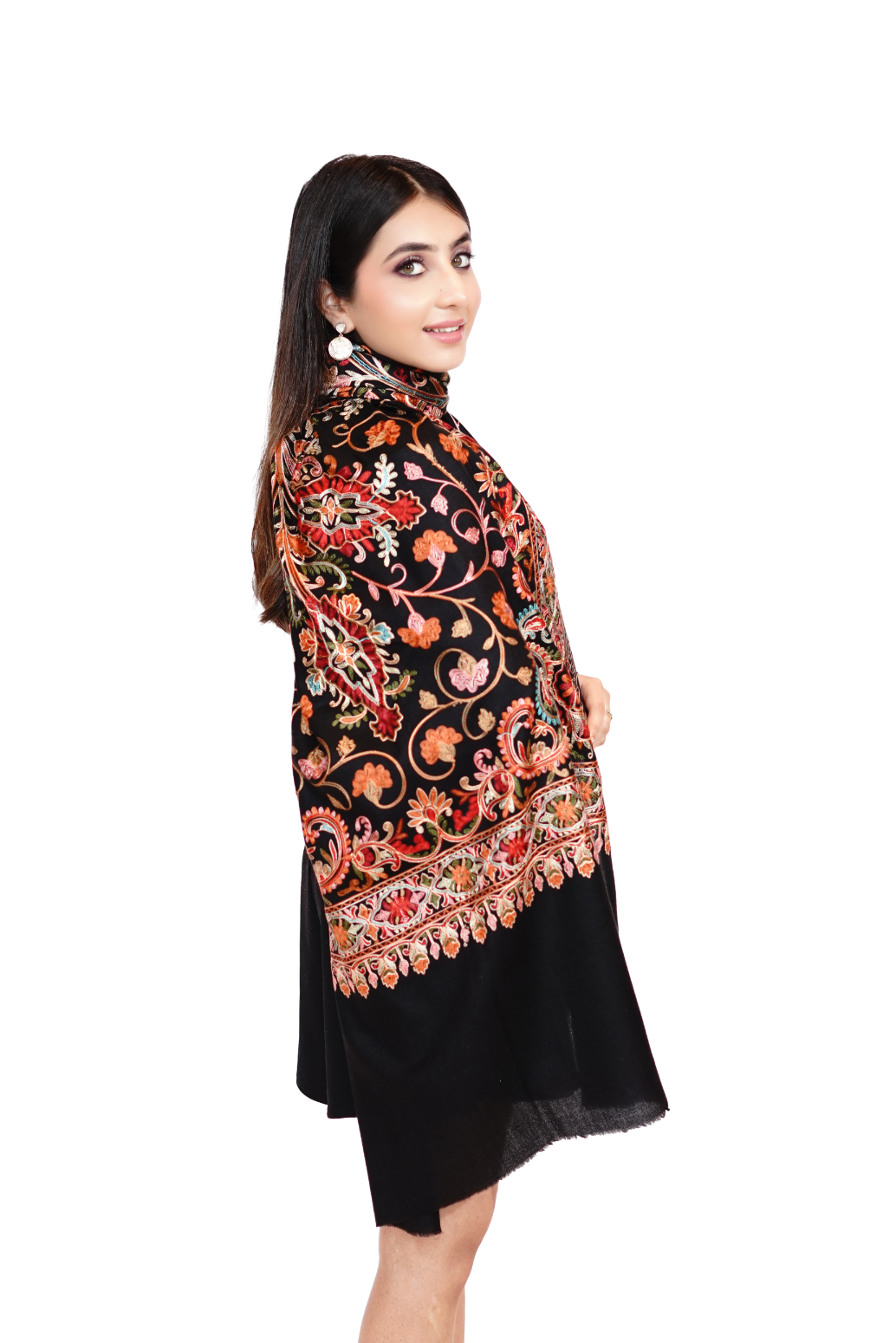 Wool Silk Embroidery Floral Stole for Women - Midnight Bloom