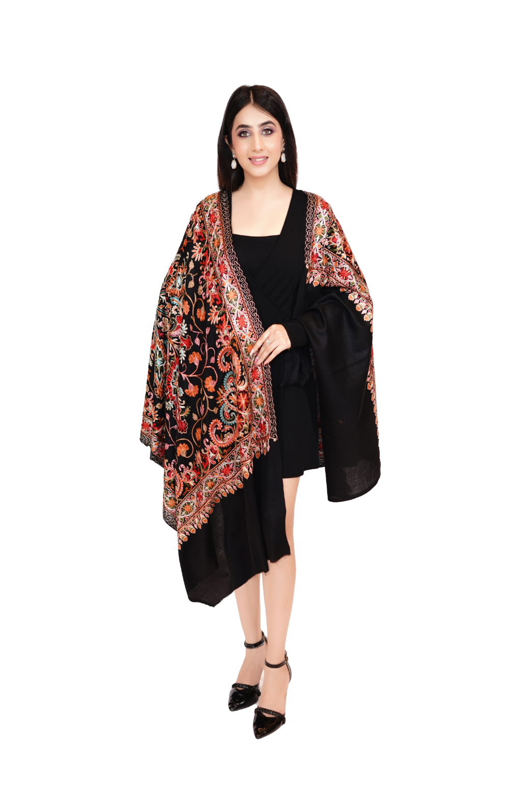 Wool Silk Embroidery Floral Stole for Women - Midnight Bloom