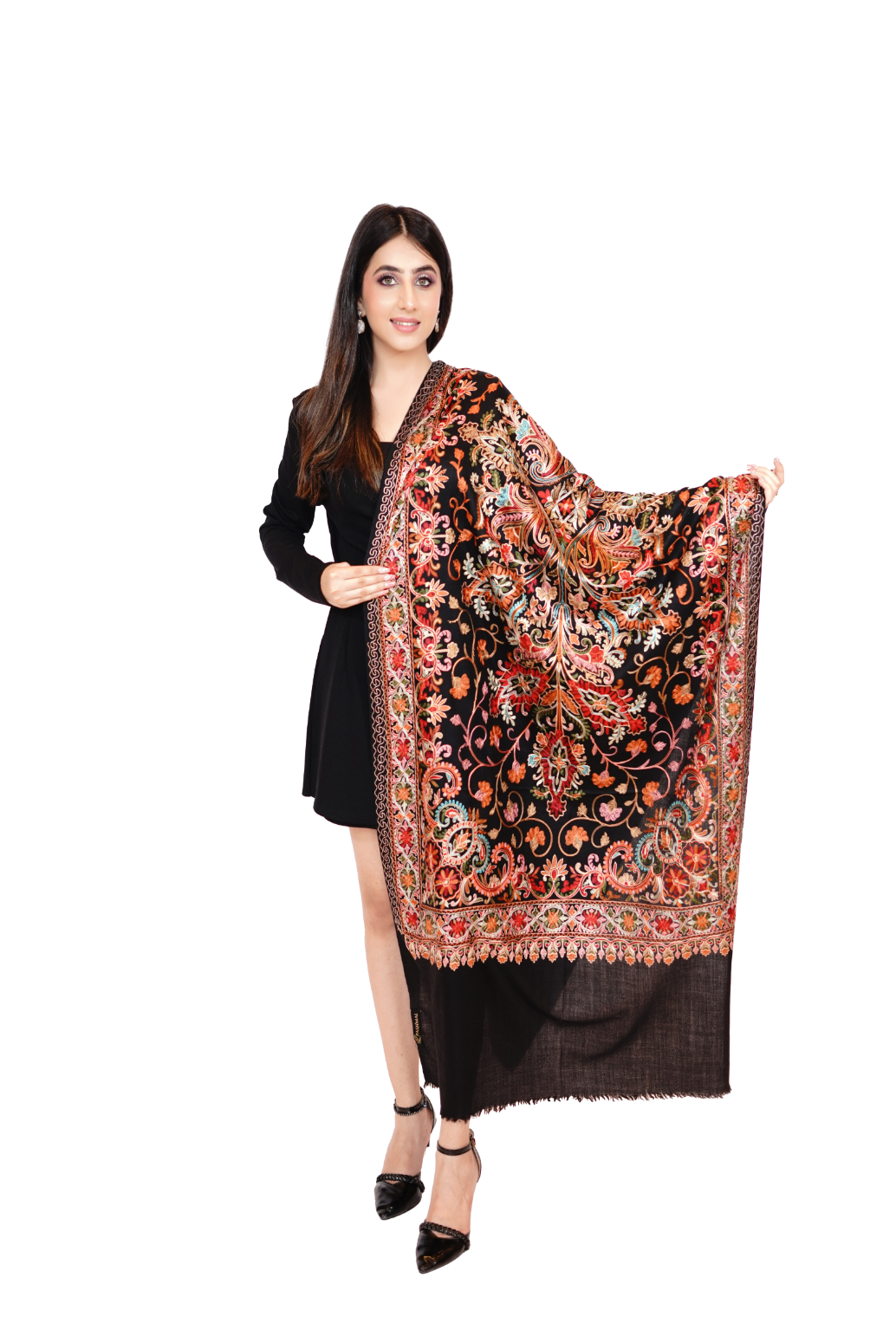 Wool Silk Embroidery Floral Stole for Women - Midnight Bloom