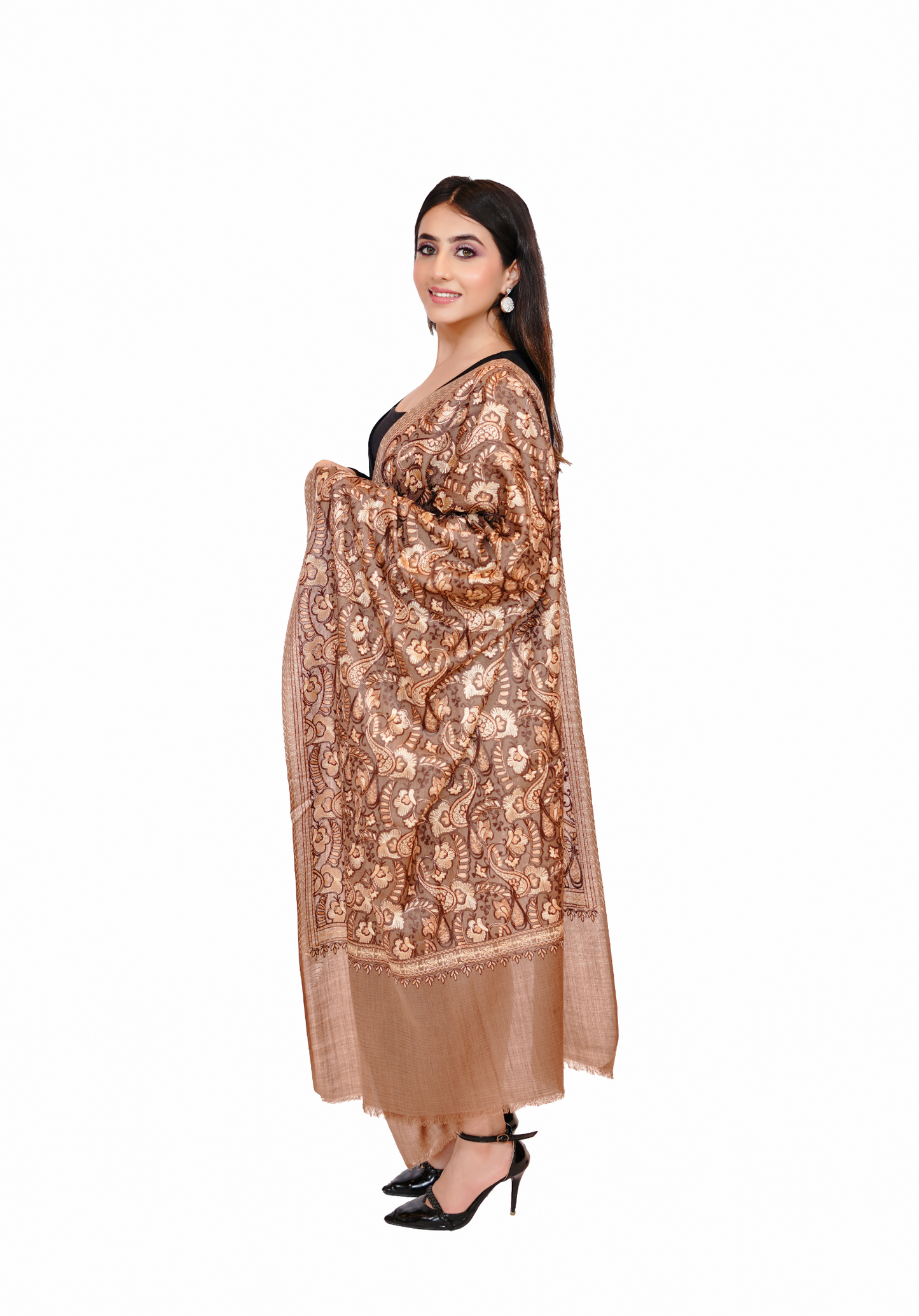 Traditional Aari Embroidered Woollen Stole for Women- Beige Beauty