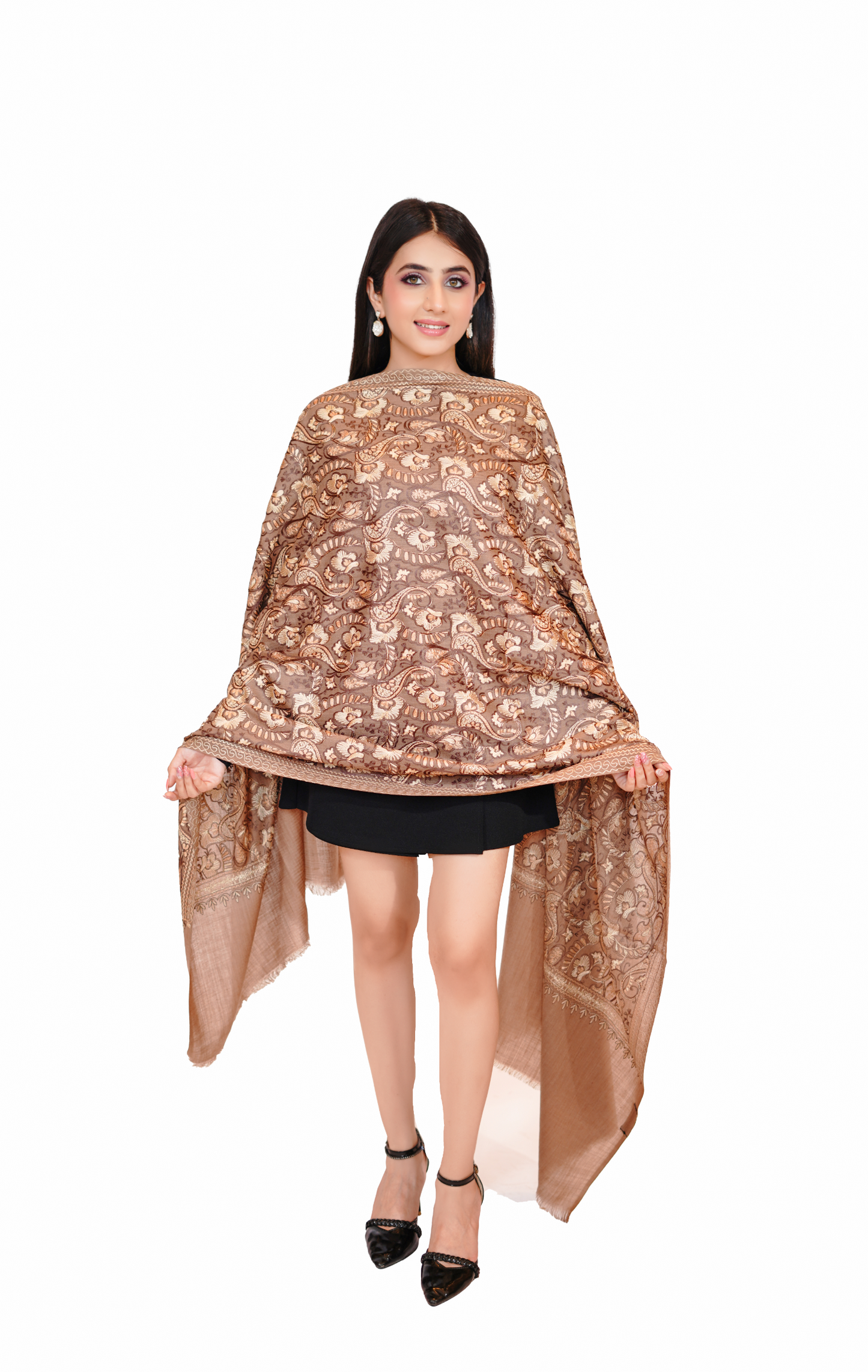 Traditional Aari Embroidered Woollen Stole for Women- Beige Beauty