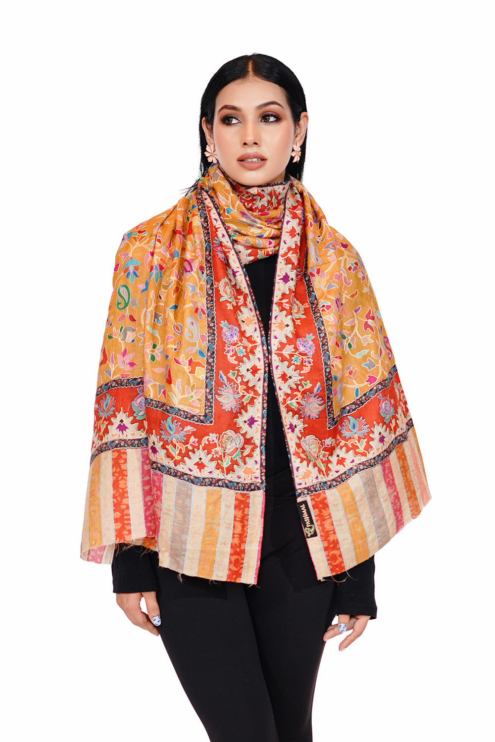 Heritage Hand Embroidered Printed Stole for Women - Mustard Yellow