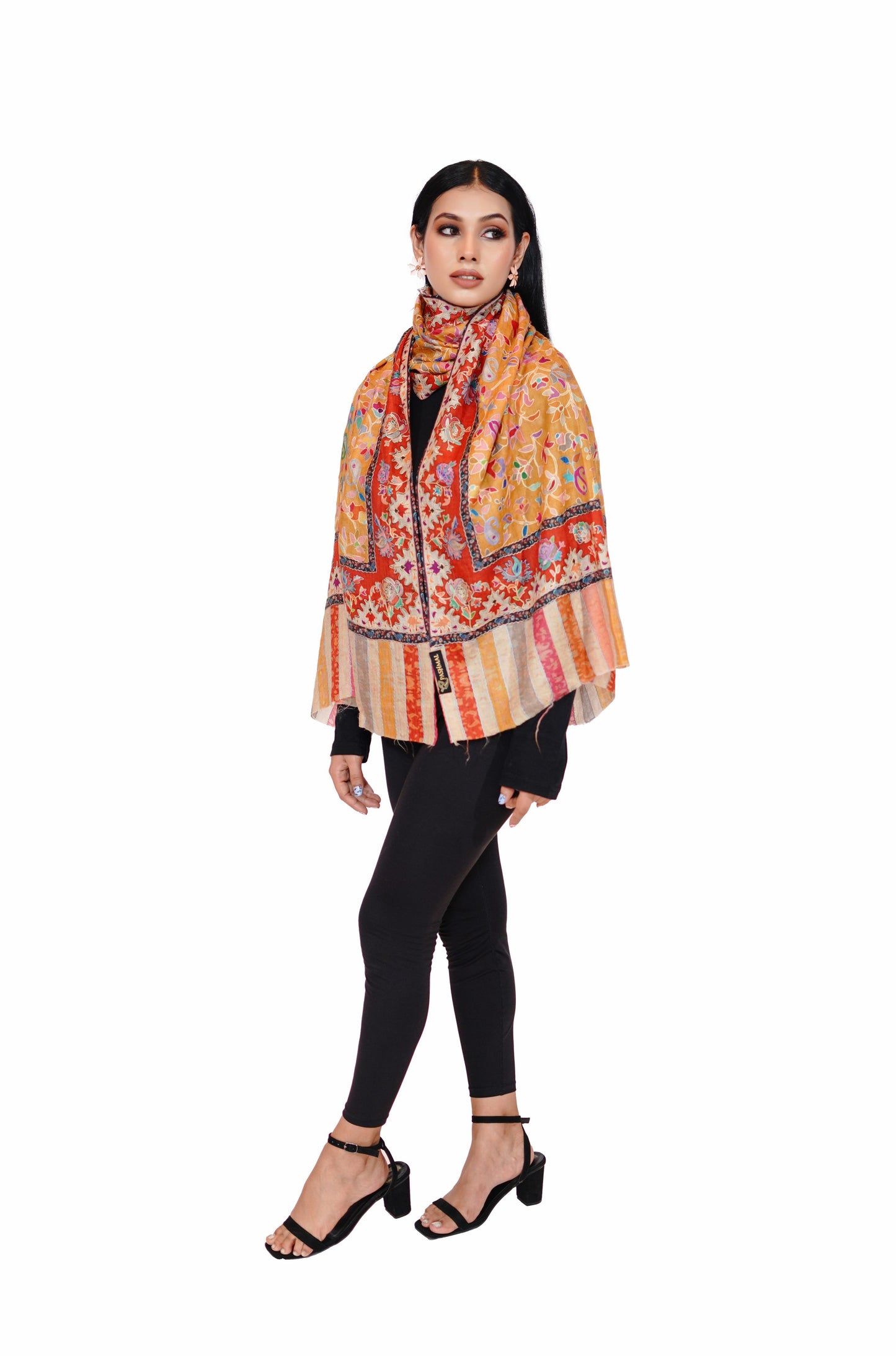 Heritage Hand Embroidered Printed Stole for Women - Mustard Yellow
