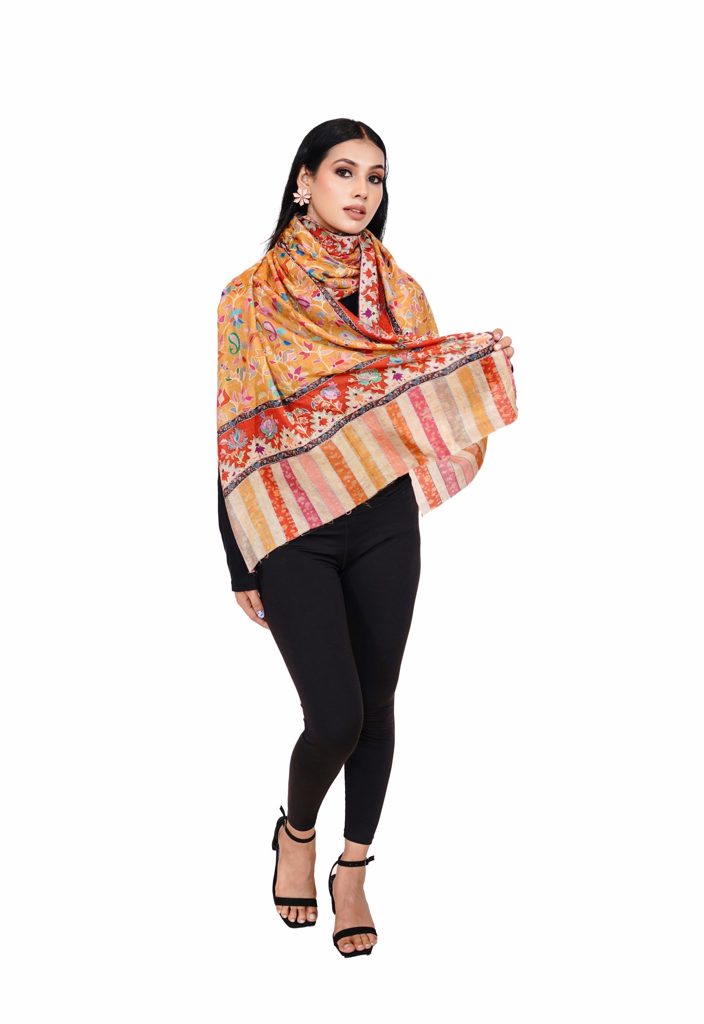 Heritage Hand Embroidered Printed Stole for Women - Mustard Yellow